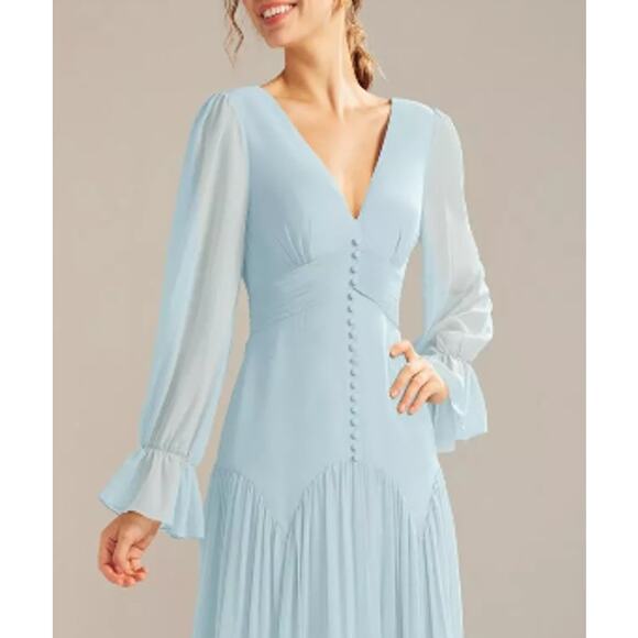 AW BRIDAL 10 L Skylight blue Alma Long Sleeve Formal Bridesmaid Maxi Dress B147 - Picture 3 of 5